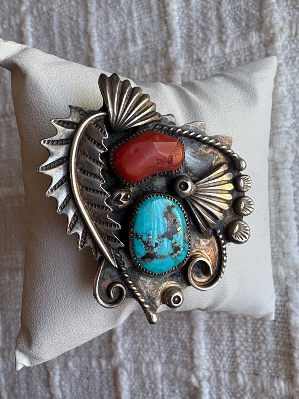 NAVAHO OLD PAWN Turquoise & Coral Silver Statement Brooch OR Pendant.
